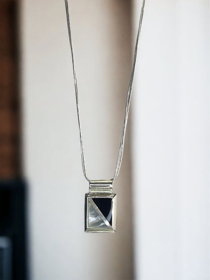 Liquid Silver Necklace w/ Onyx and Mother of Pearl Pendant