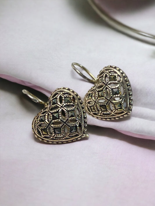 Thai Marcasite Pierced Heart Earrings